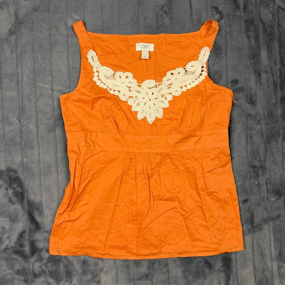 Ann Taylor Loft Orange Crochet Lace Trim Sleeveless Empire Waist Top Size 6